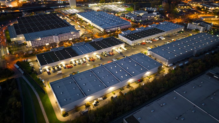 Aerial view of a logistics park at dusk
